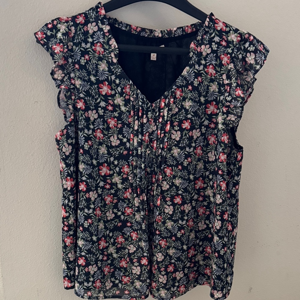 Skies Are Blue Floral Ruffle Sleeve Blouse - Black and Pink